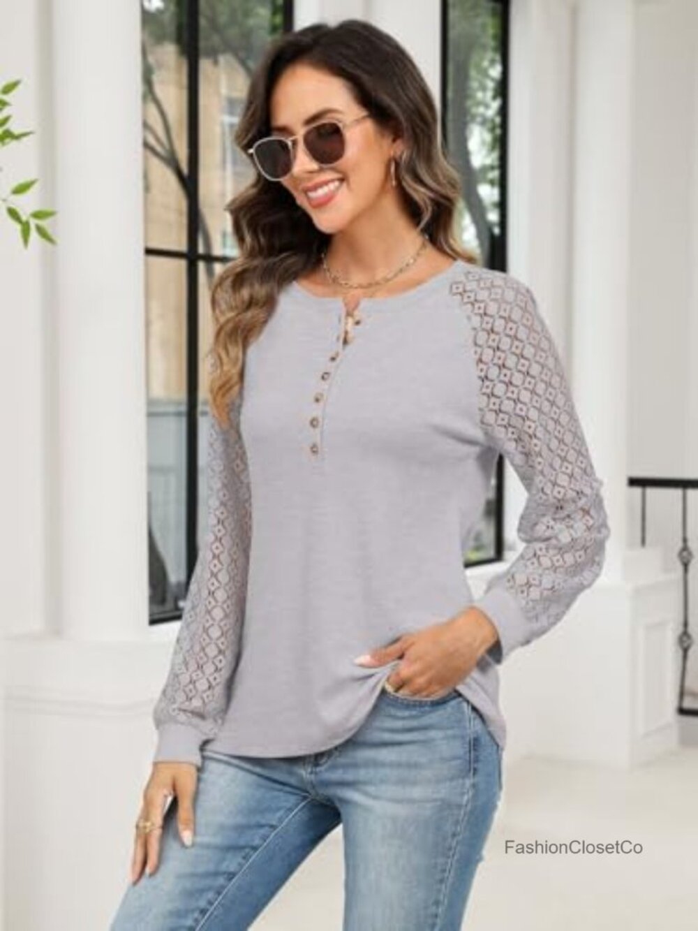 Women's Lace Long Sleeve Henley T-Shirt Crewneck Top Cotton Blend Casual - Picture 2 of 4